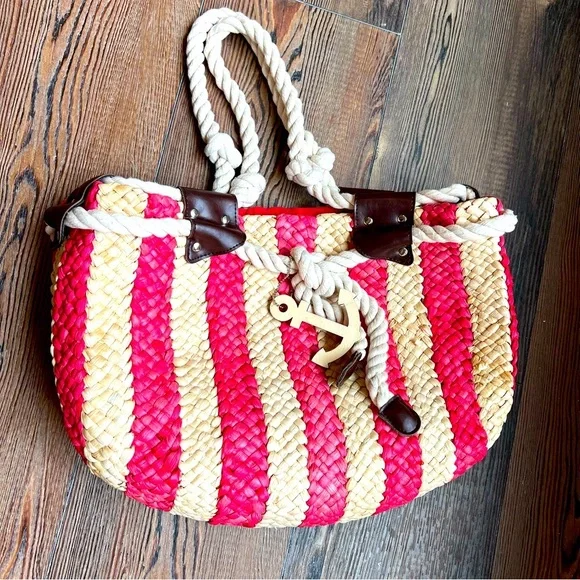 Red straw Cornhusk tote bag nautical stripes rope handles wood anchor - Picture 3 of 12